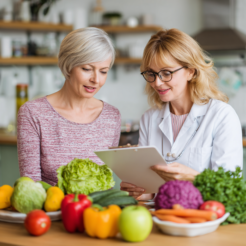 Middle-aged woman consulting with nutrition specialist