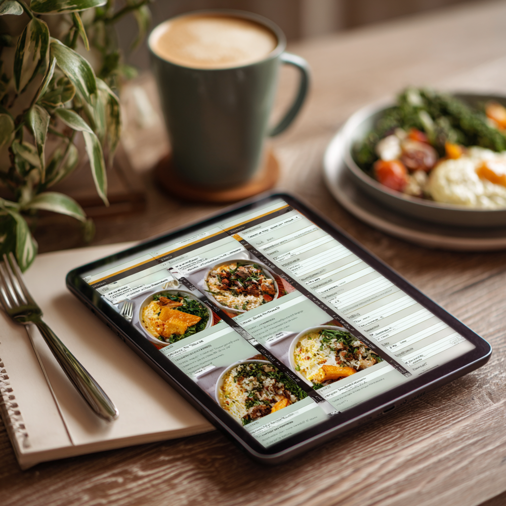 Nutritious meal plan layout on tablet for mature adult